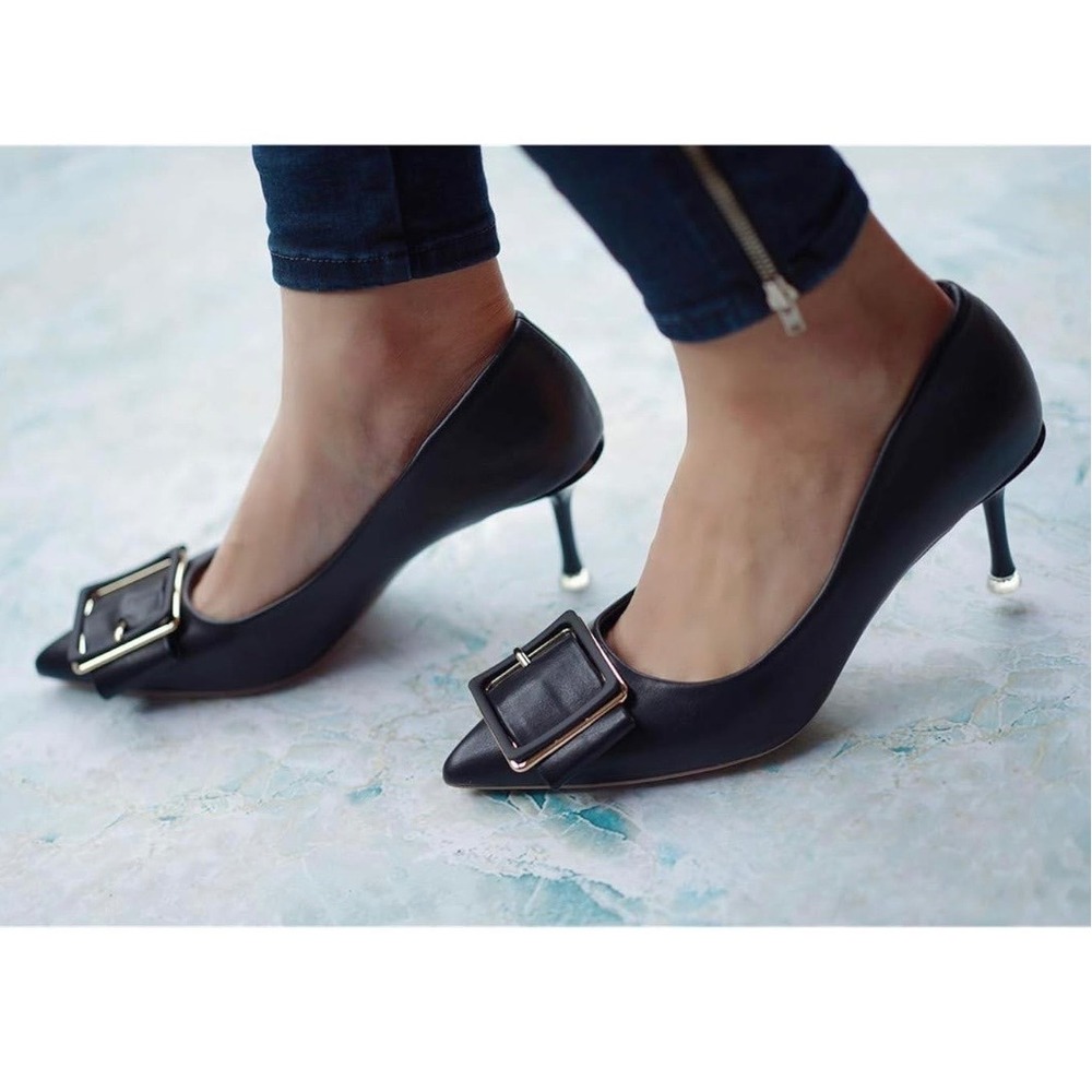 C.Paravano Pointed Toe Pumps Women 42 / 11.5 Black NIB Buckle Pump Heel Chic
